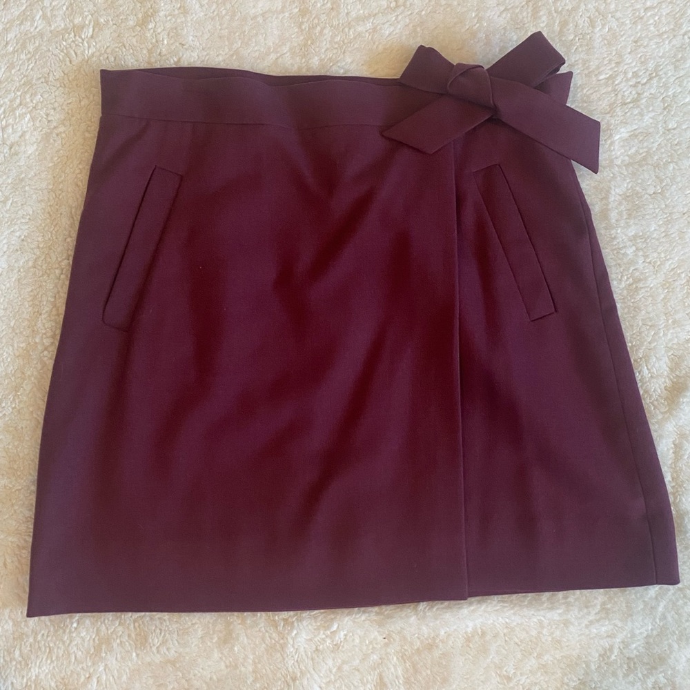 J. Crew-maroon lined wool blend wrap mini skirt, size 6.